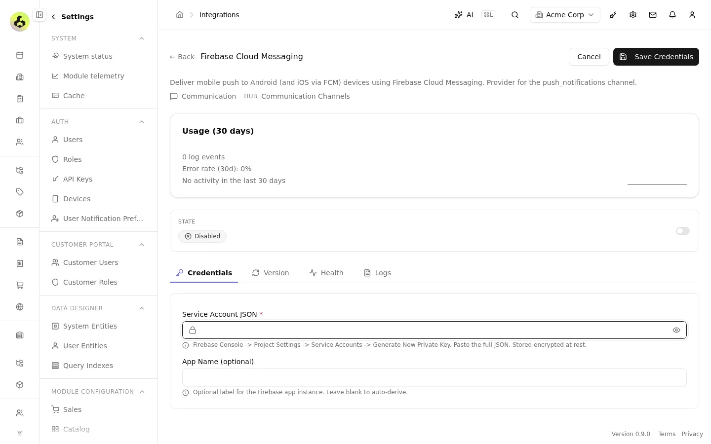 Firebase Cloud Messaging channel settings with service account JSON and app name fields.
