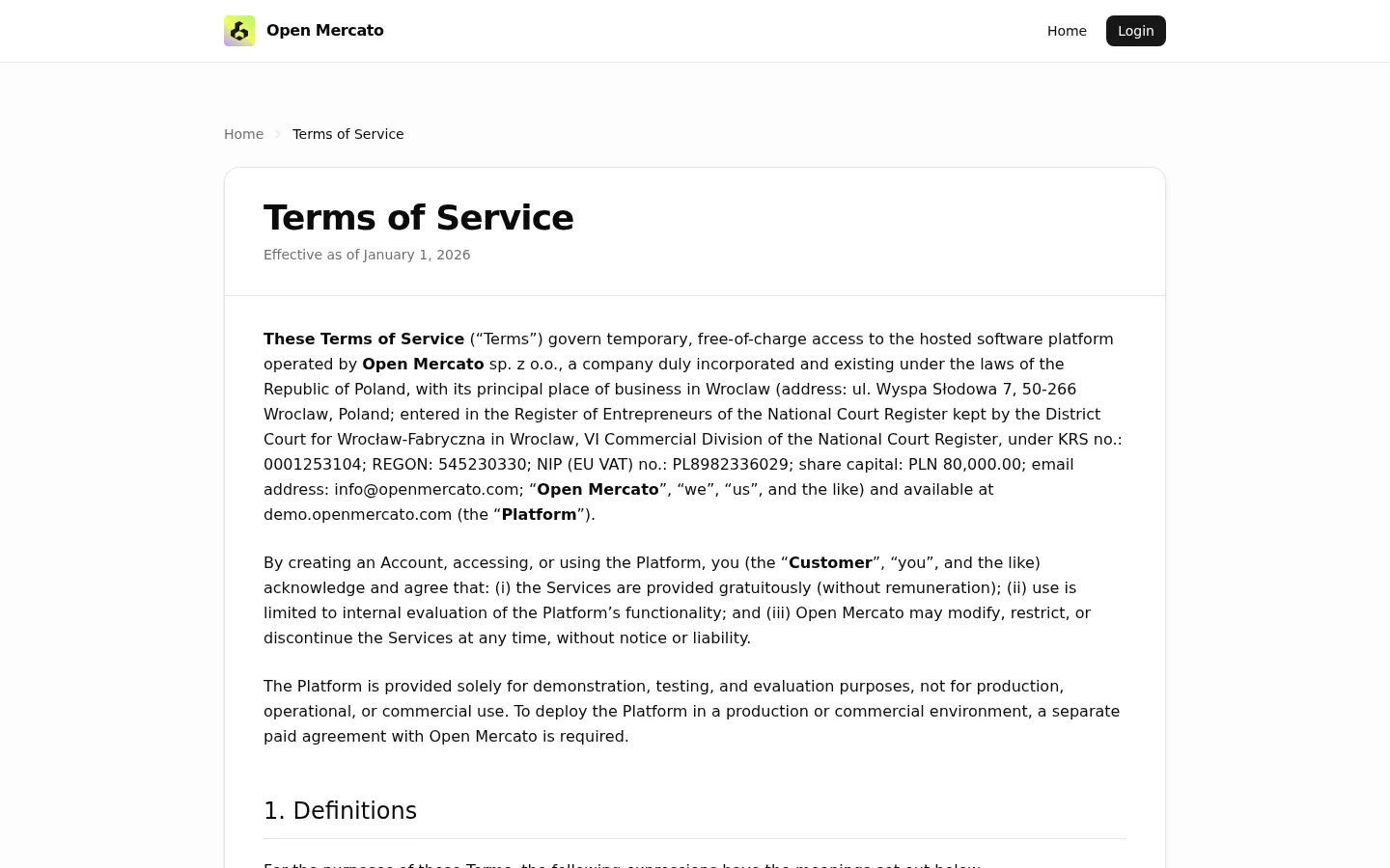Public terms of service page that the content module adds to the app.