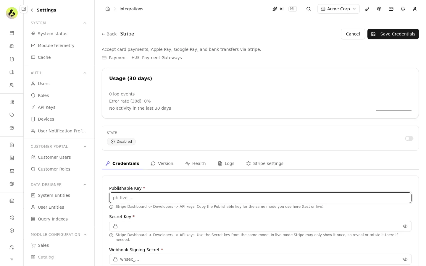 Stripe payment gateway settings with publishable key, secret key and webhook signing secret fields.